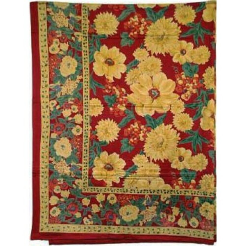 Floral Burgundy Red Glazed 100% Cotton Handloom Tablecloth 52”x70